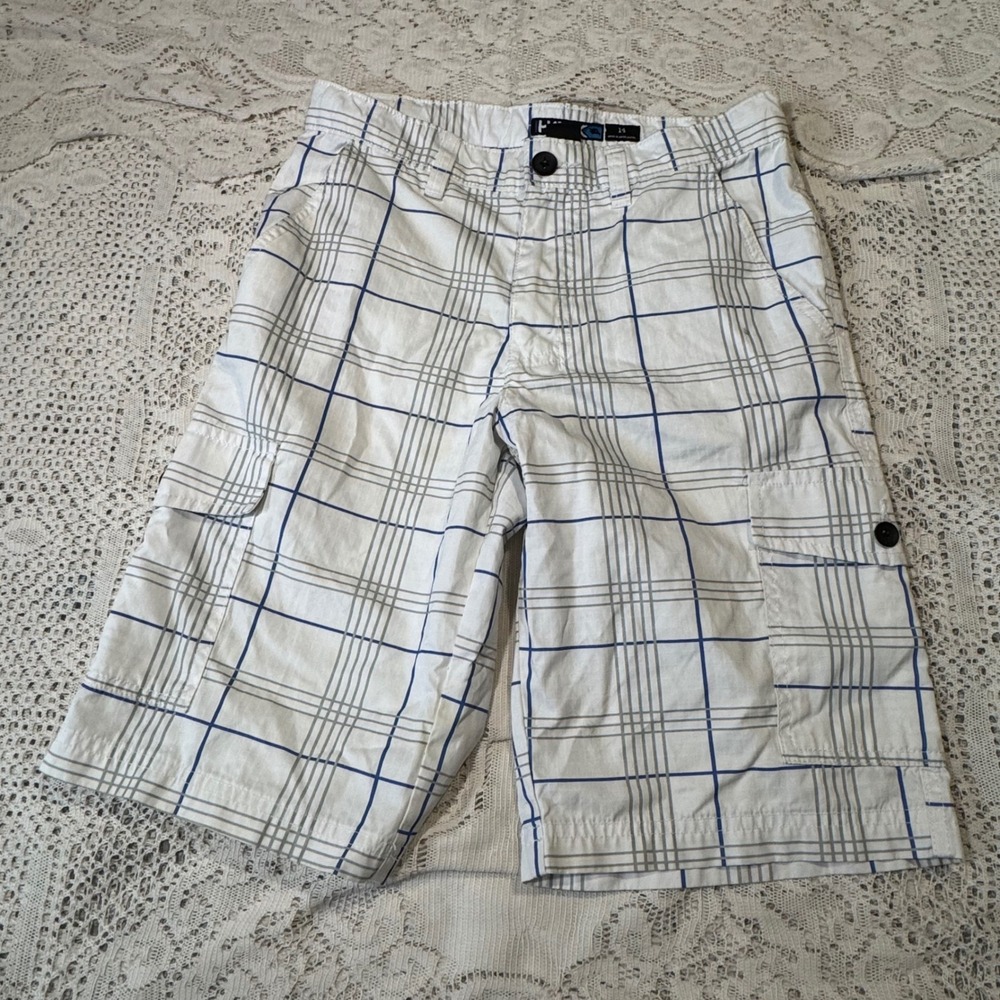 Tony Hawk Boys Plaid Cargo Shorts Size 14 White Blue Gray‎ Casual Summer